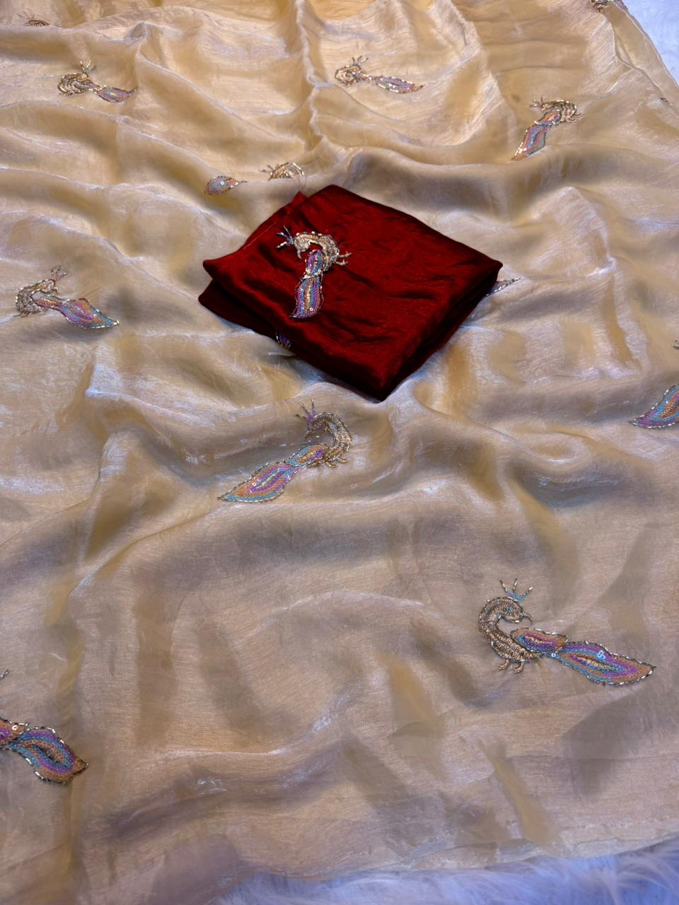 Glamorous Function Wear Silk Embroidery n Thread Work Designer Fancy Saree With Blouse Piece