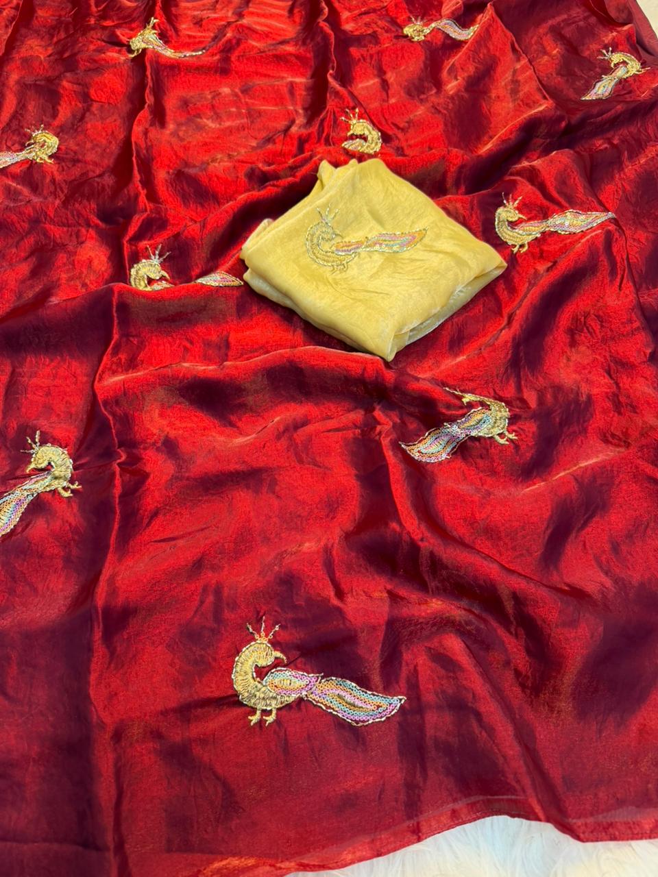 Glamorous Function Wear Silk Embroidery n Thread Work Designer Fancy Saree With Blouse Piece