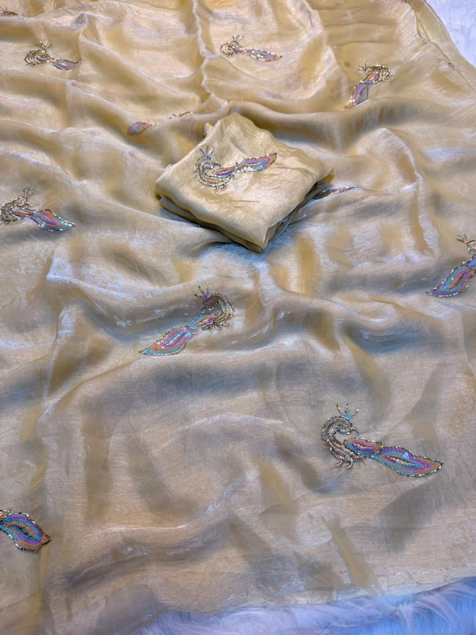 Glamorous Function Wear Silk Embroidery n Thread Work Designer Fancy Saree With Blouse Piece