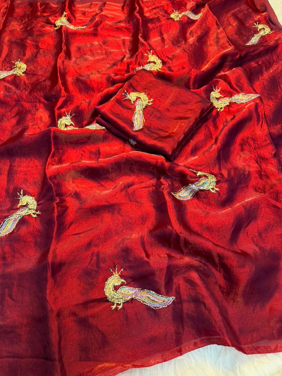 Glamorous Function Wear Silk Embroidery n Thread Work Designer Fancy Saree With Blouse Piece