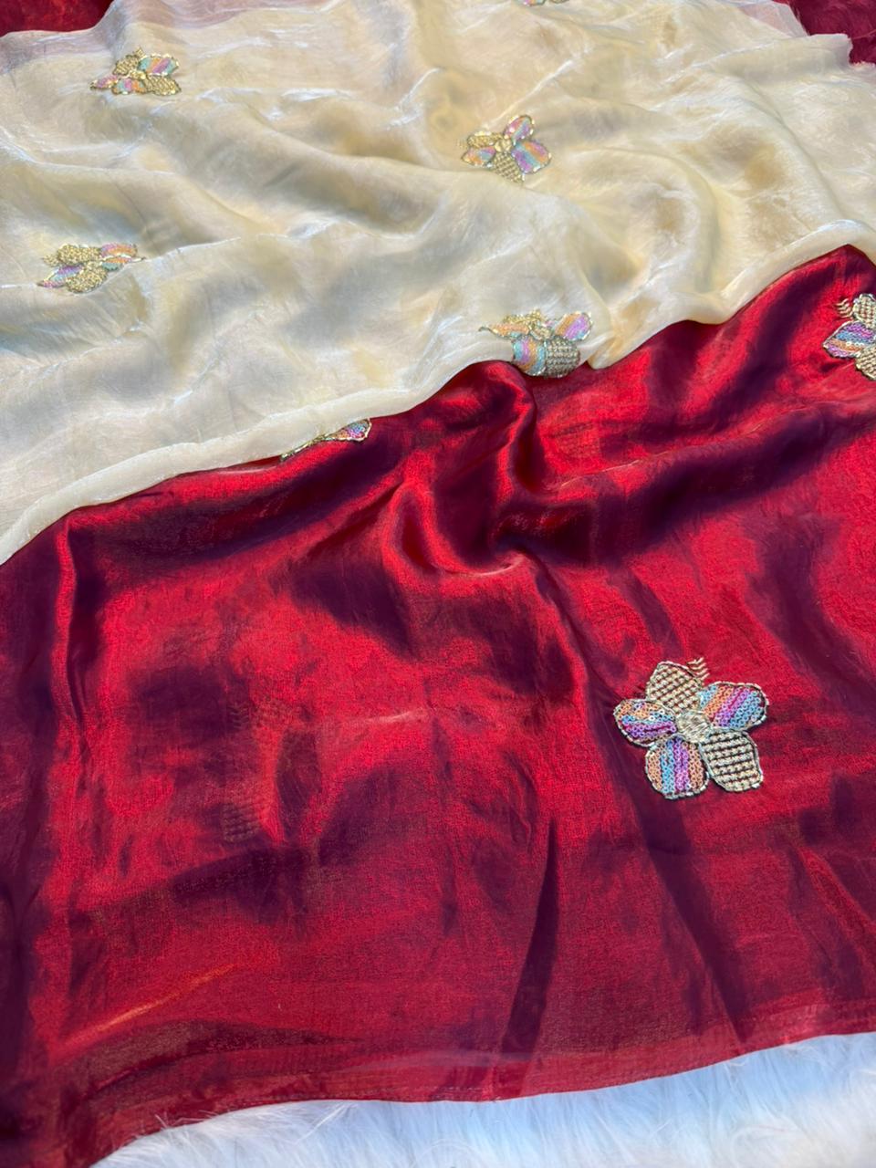 Gratifying Party Wear Silk Embroidery n Thread Work Fancy Saree With Matching Blouse Piece