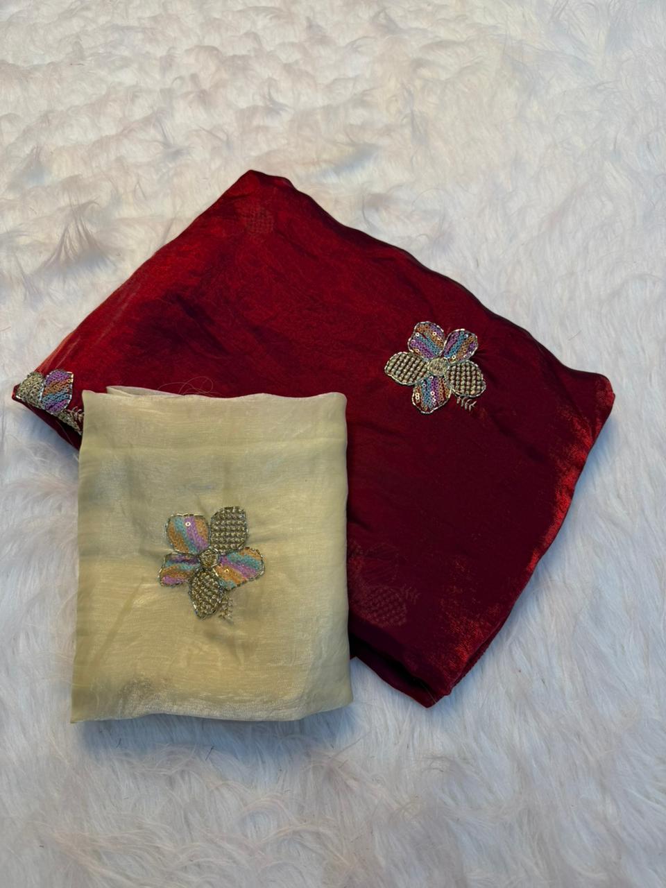 Gratifying Party Wear Silk Embroidery n Thread Work Fancy Saree With Matching Blouse Piece