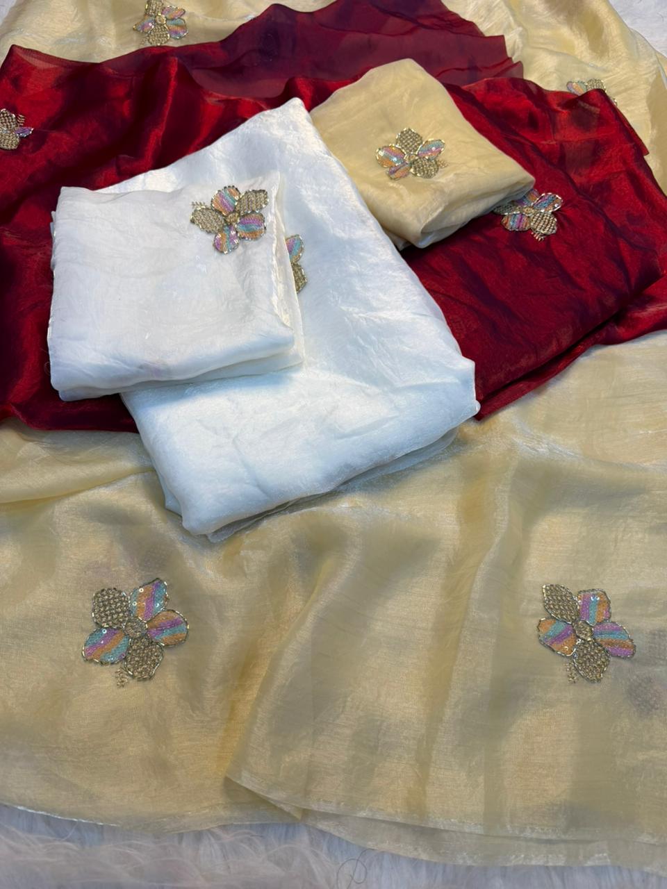 Gratifying Party Wear Silk Embroidery n Thread Work Fancy Saree With Matching Blouse Piece