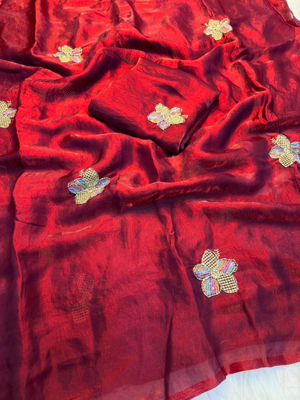 Gratifying Party Wear Silk Embroidery n Thread Work Fancy Saree With Matching Blouse Piece