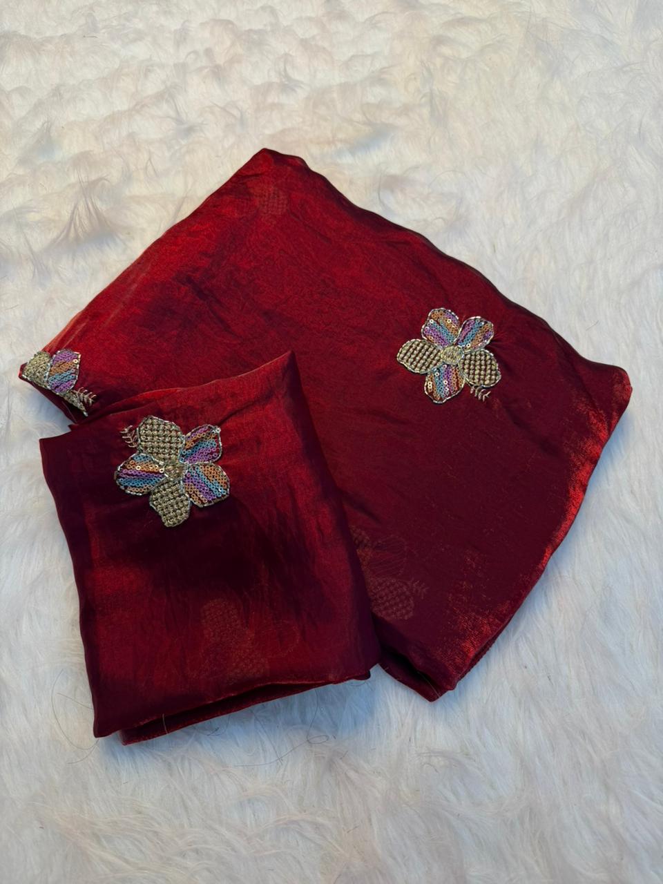Gratifying Party Wear Silk Embroidery n Thread Work Fancy Saree With Matching Blouse Piece