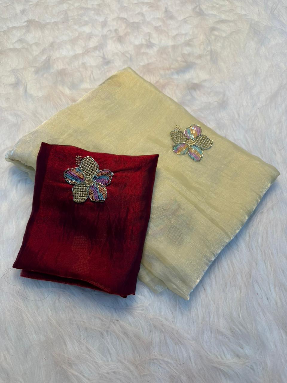 Gratifying Party Wear Silk Embroidery n Thread Work Fancy Saree With Matching Blouse Piece