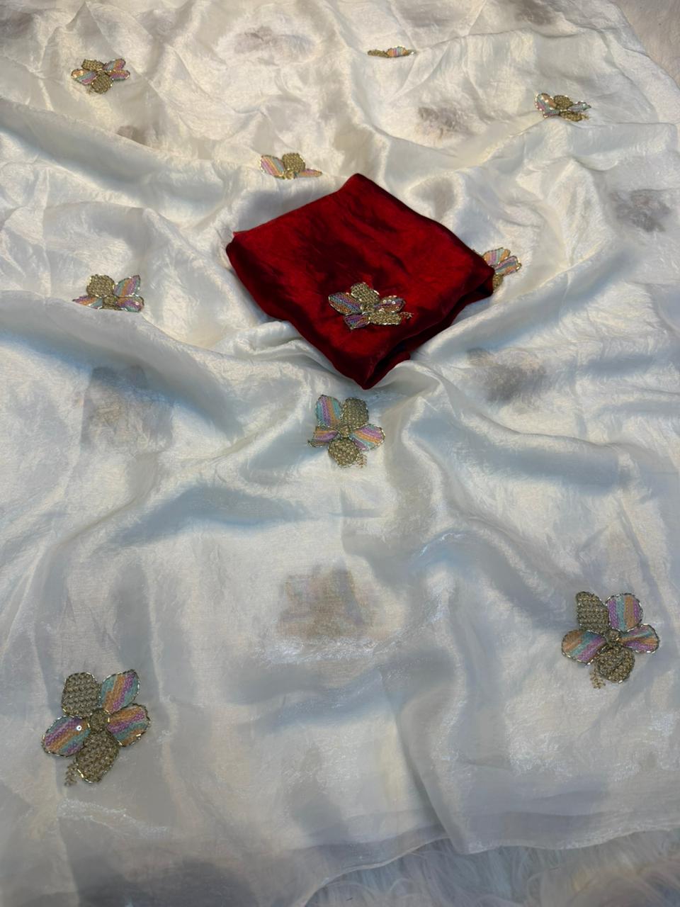 Gratifying Party Wear Silk Embroidery n Thread Work Fancy Saree With Matching Blouse Piece