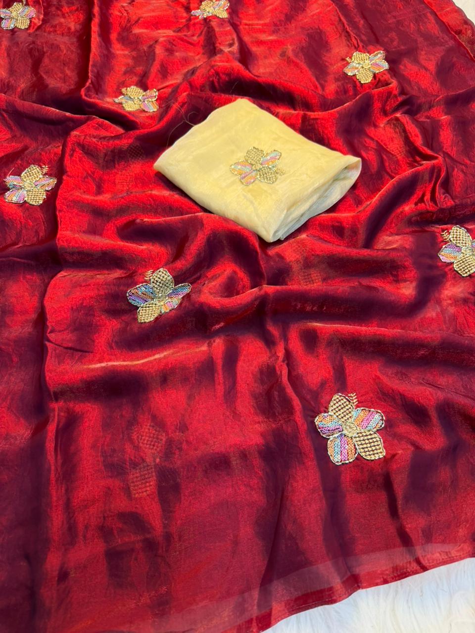 Gratifying Party Wear Silk Embroidery n Thread Work Fancy Saree With Matching Blouse Piece
