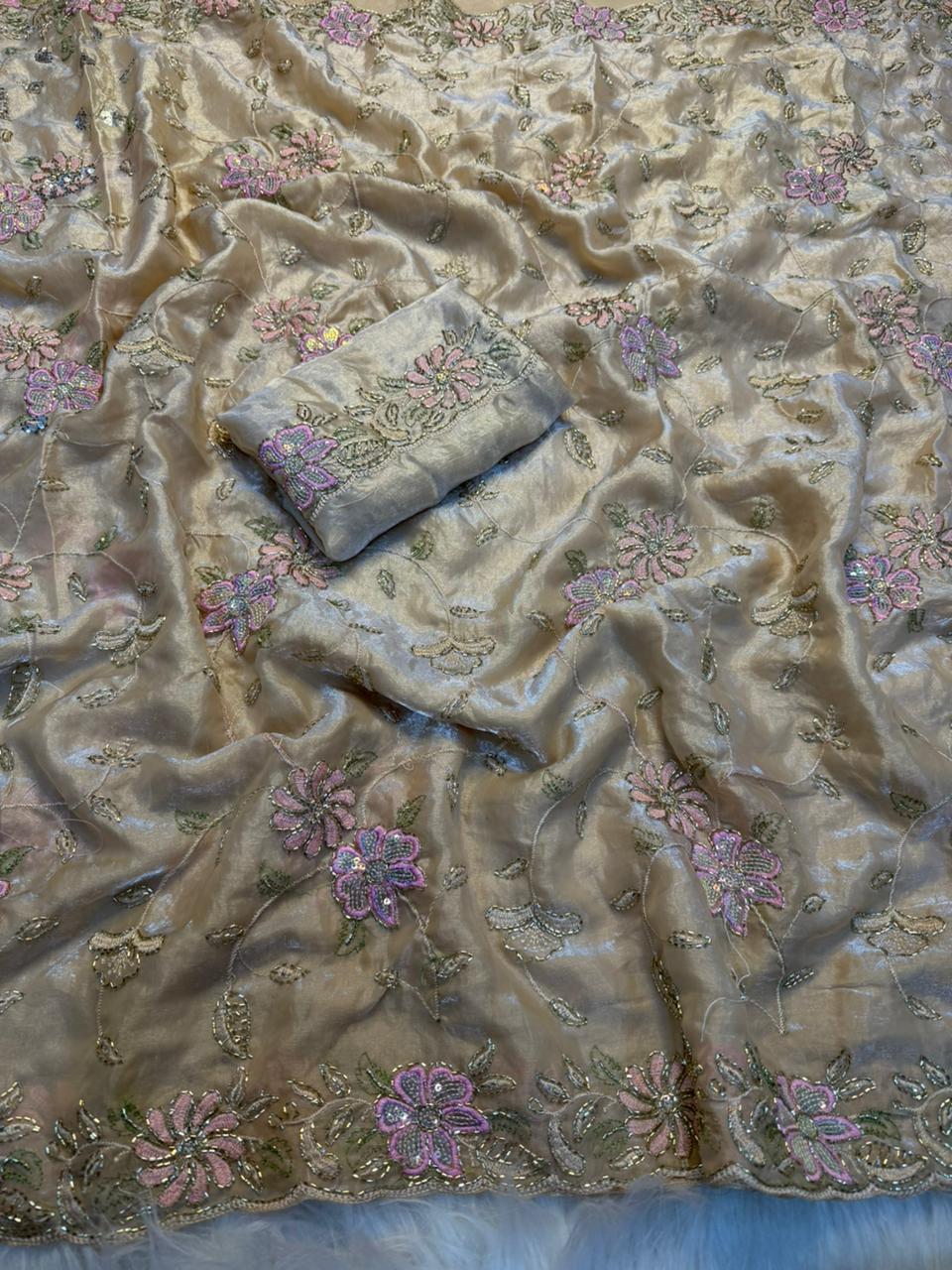 Blossom Wedding Wear Silk Embroidery Thread n Beads Work Designer Saree For Occasion