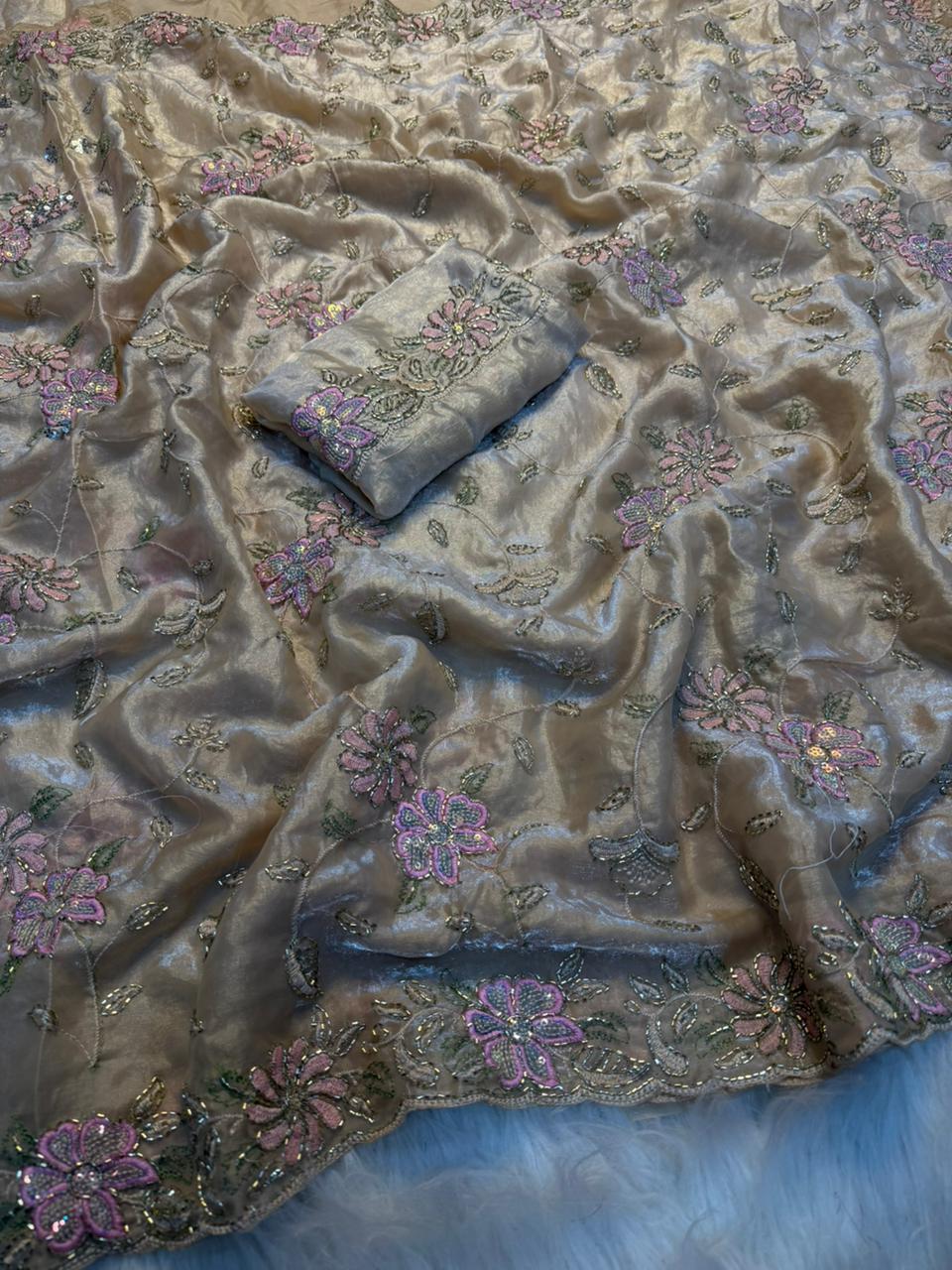 Blossom Wedding Wear Silk Embroidery Thread n Beads Work Designer Saree For Occasion