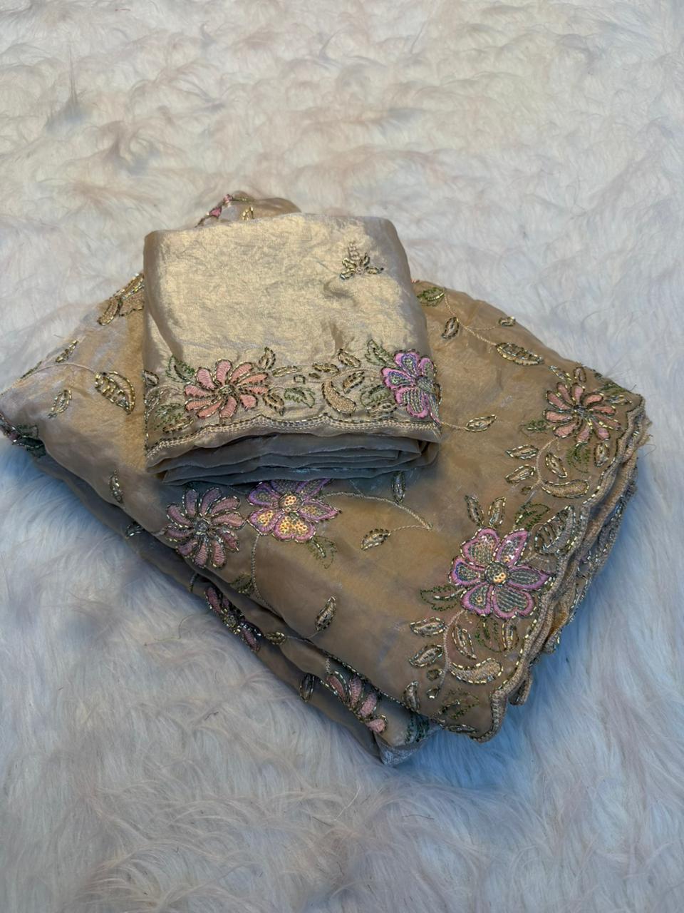 Blossom Wedding Wear Silk Embroidery Thread n Beads Work Designer Saree For Occasion
