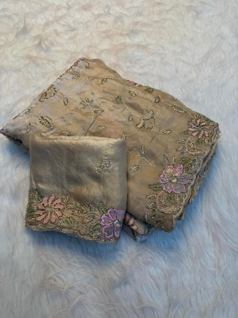 Blossom Wedding Wear Silk Embroidery Thread n Beads Work Designer Saree For Occasion