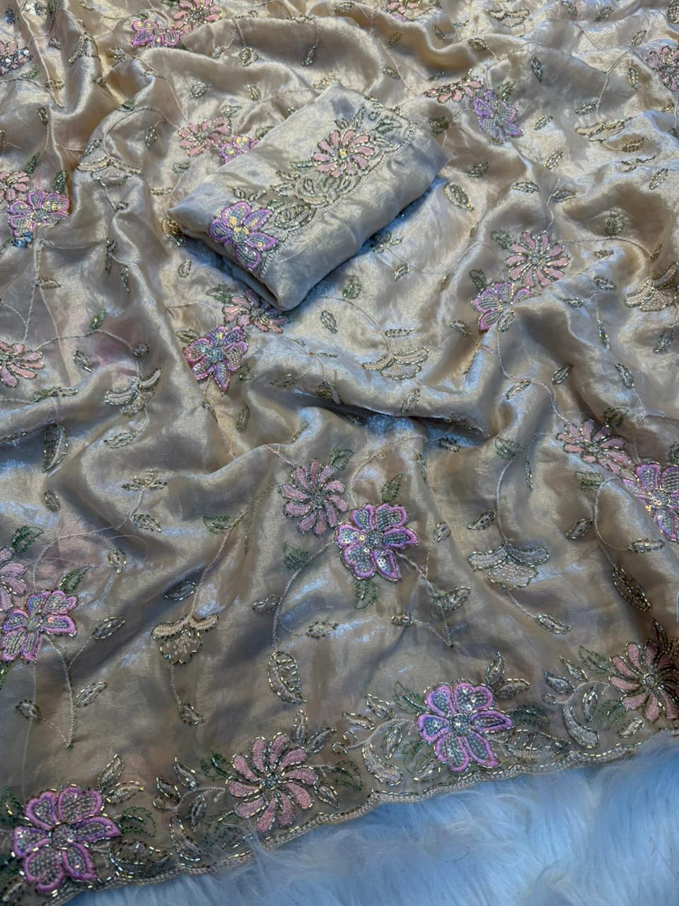 Blossom Wedding Wear Silk Embroidery Thread n Beads Work Designer Saree For Occasion