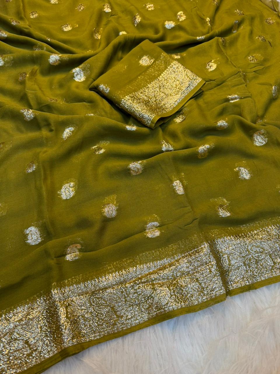 Incomparable Function Wear Viscose Georgette Jacquard Zari Weaving Work Fancy Saree With Blouse Piece