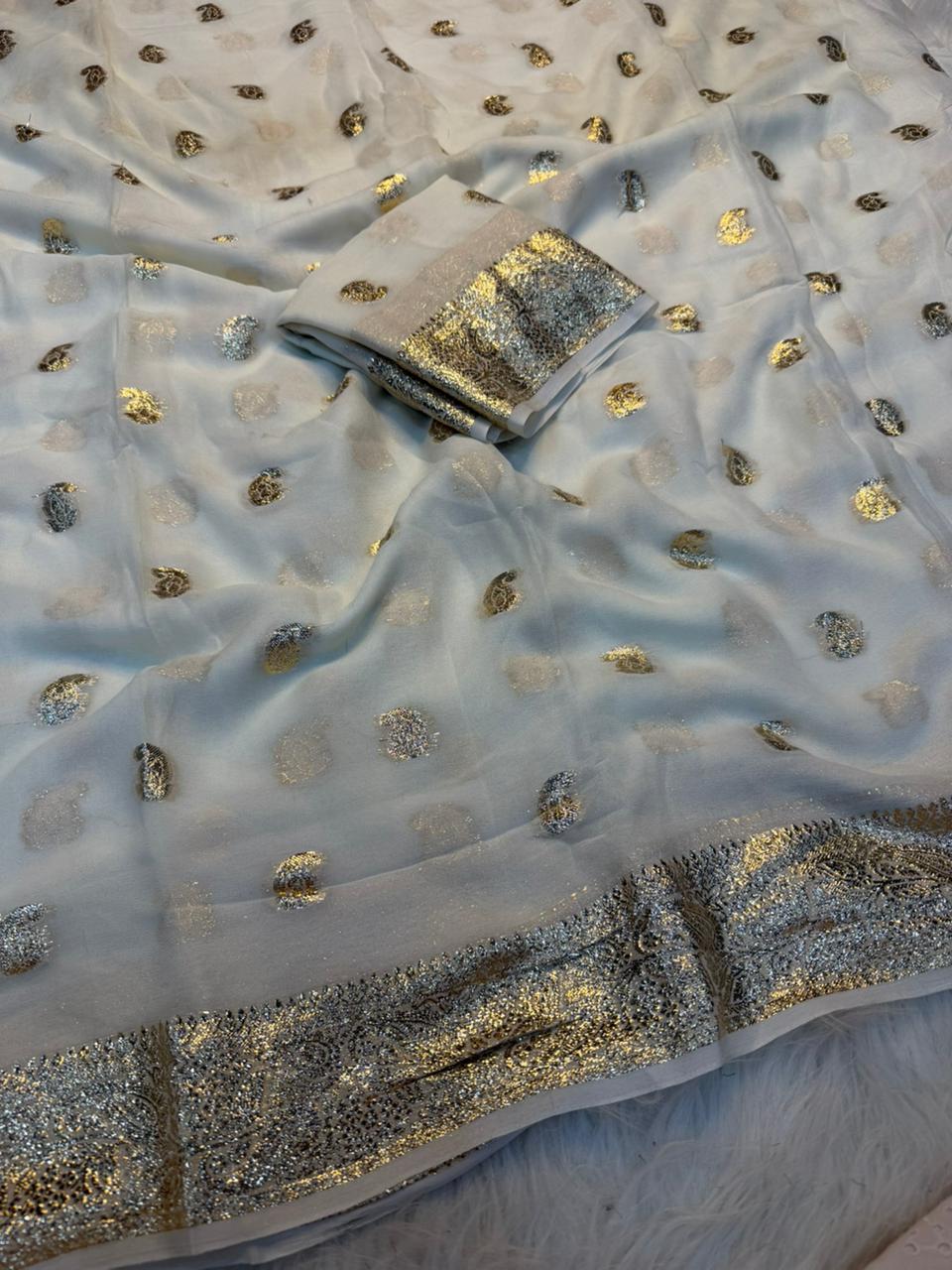 Incomparable Function Wear Viscose Georgette Jacquard Zari Weaving Work Fancy Saree With Blouse Piece