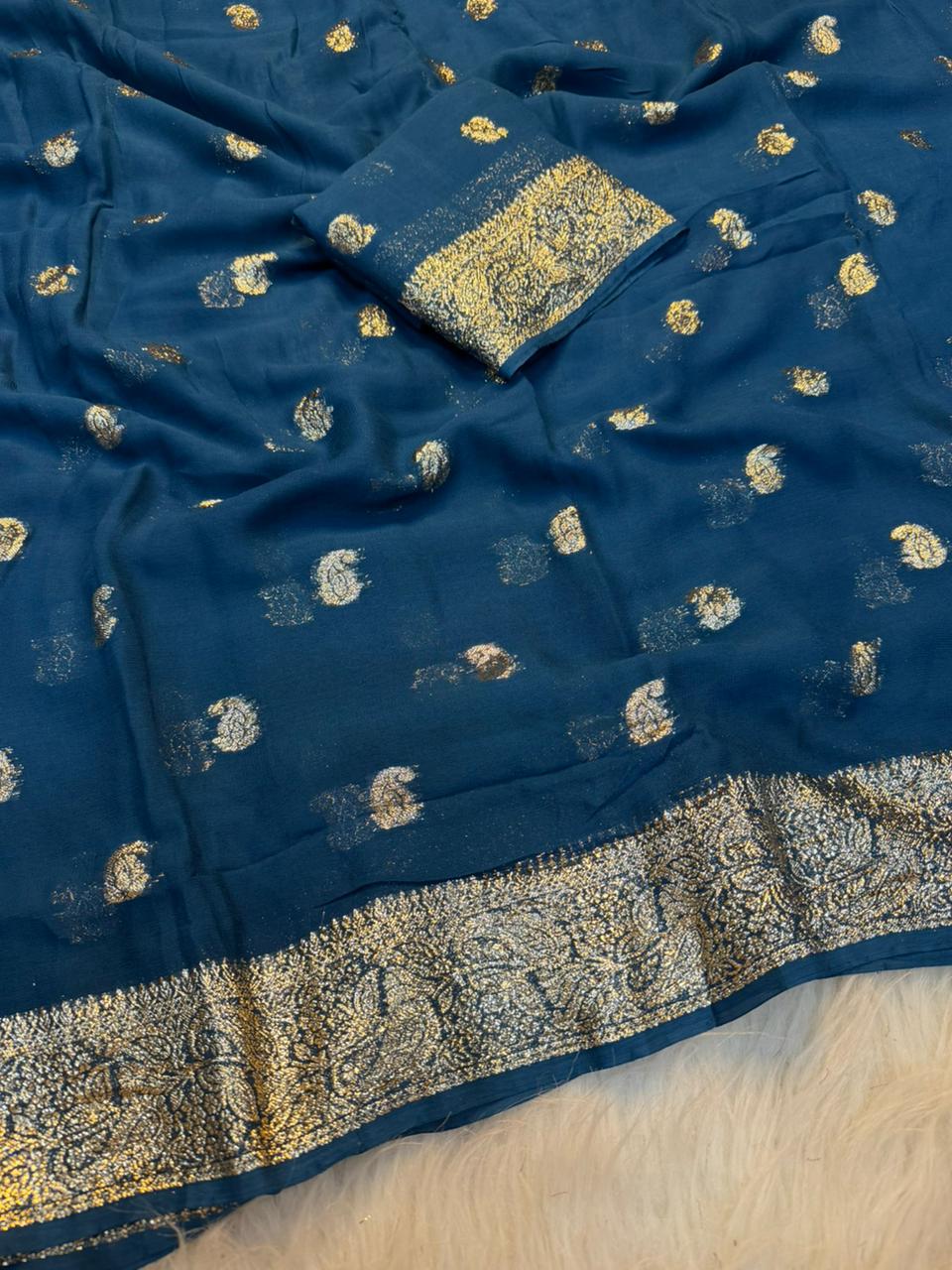Incomparable Function Wear Viscose Georgette Jacquard Zari Weaving Work Fancy Saree With Blouse Piece