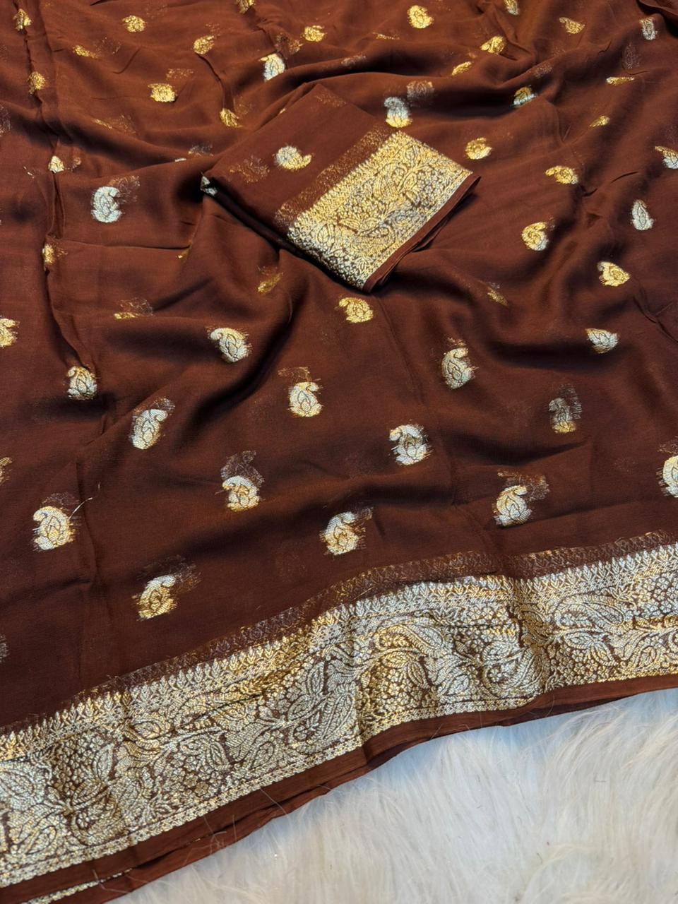 Incomparable Function Wear Viscose Georgette Jacquard Zari Weaving Work Fancy Saree With Blouse Piece