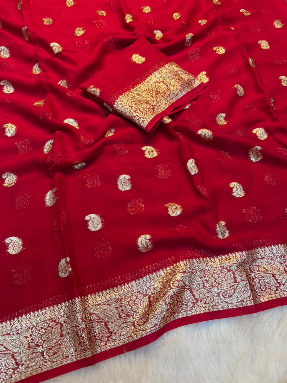 Incomparable Function Wear Viscose Georgette Jacquard Zari Weaving Work Fancy Saree With Blouse Piece