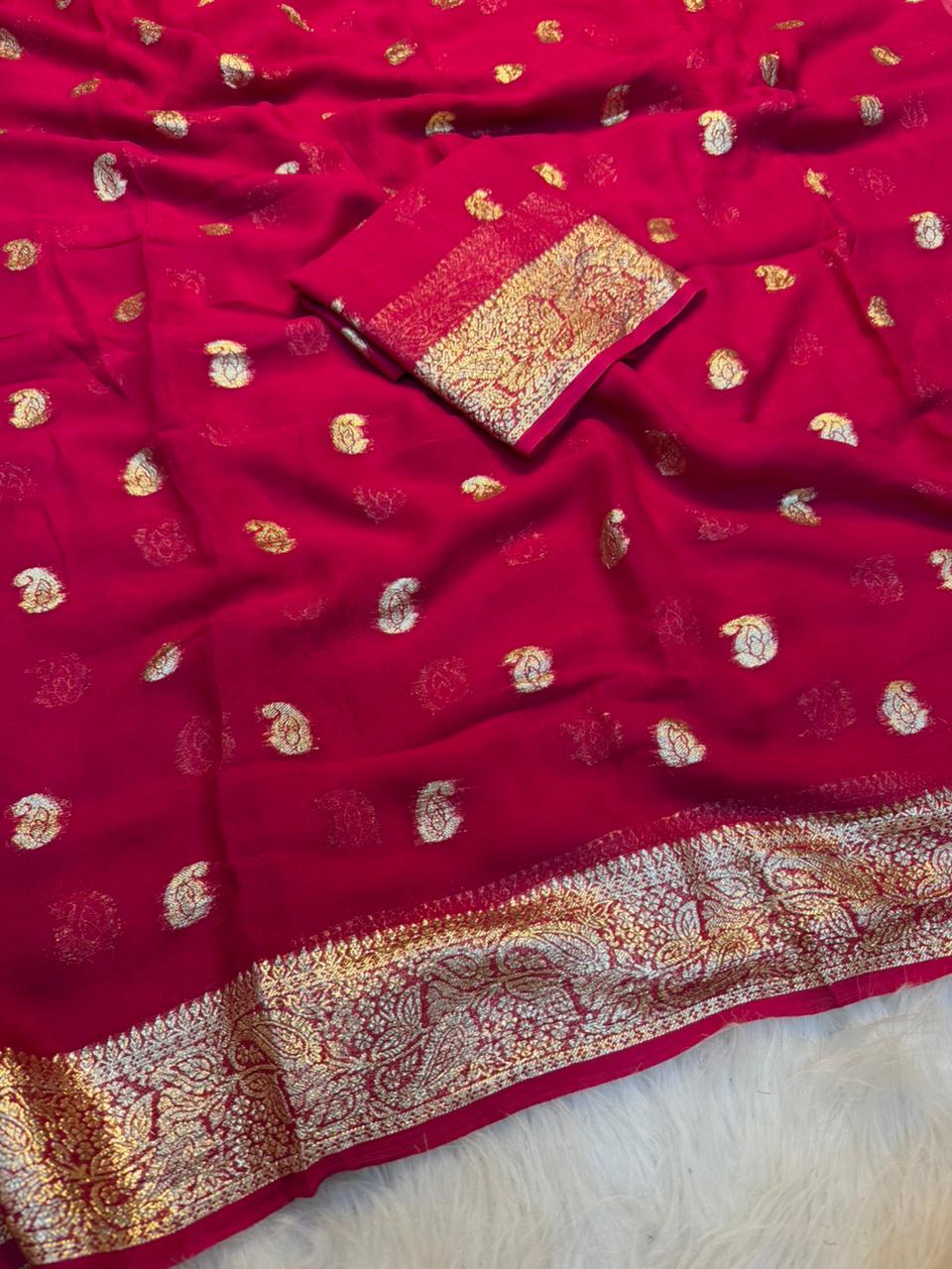 Incomparable Function Wear Viscose Georgette Jacquard Zari Weaving Work Fancy Saree With Blouse Piece