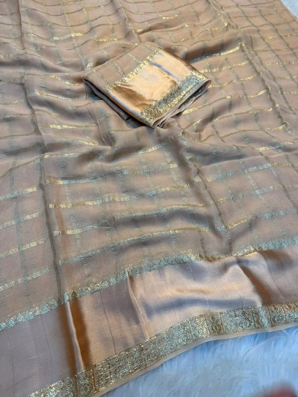 Charming Party Wear Viscose Georgette Jacquard Zari Work Fancy SareeWith Blouse Piece
