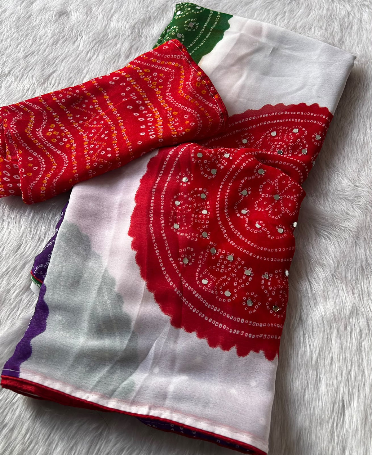 Divine Party Wear Chiffon Silk Bandhani Print n Mirror Work Designer Saree With Blouse Piece
