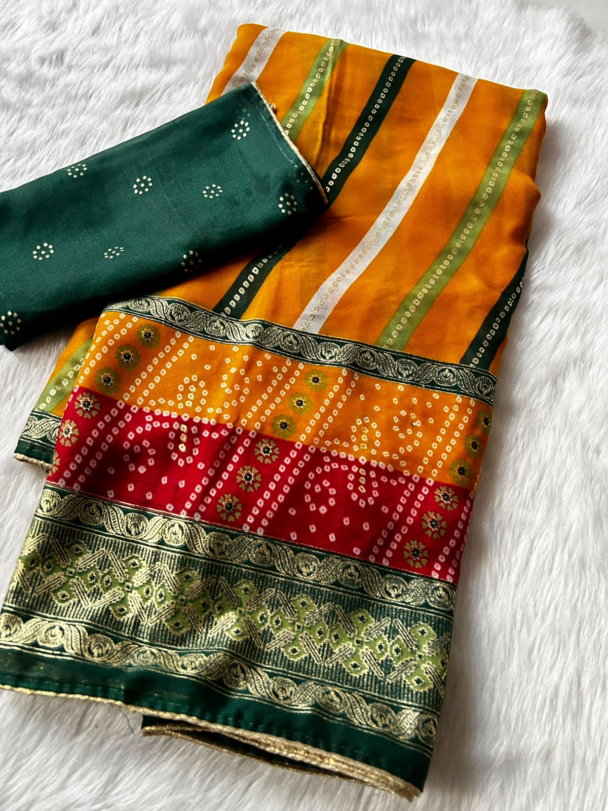 Imaginative Festive Wear Soft Dola Silk Lehriya Design Saree With Contrast Blouse Piece