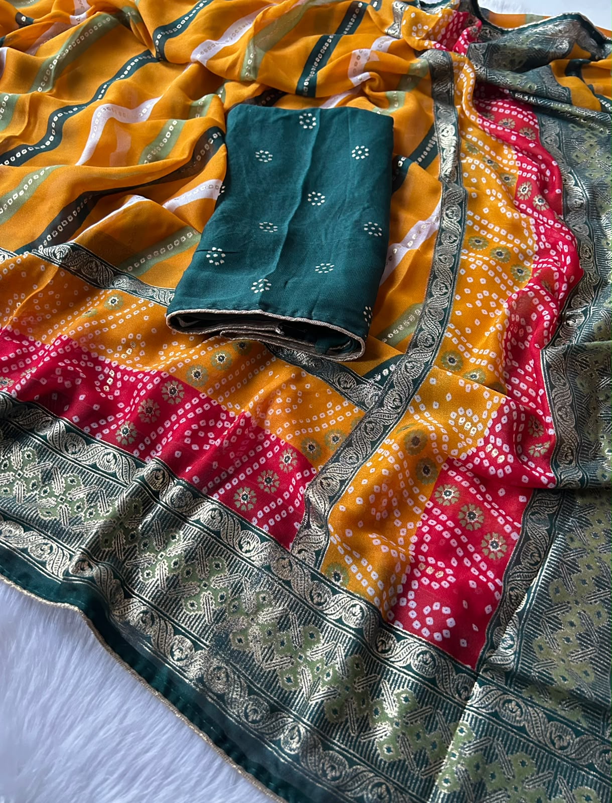 Imaginative Festive Wear Soft Dola Silk Lehriya Design Saree With Contrast Blouse Piece