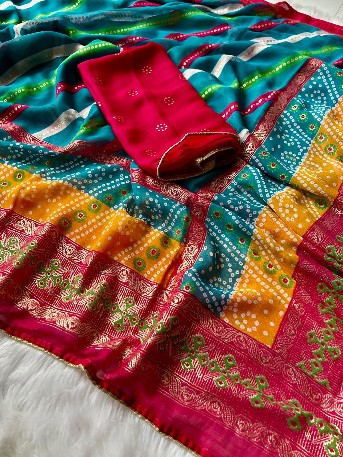 Imaginative Festive Wear Soft Dola Silk Lehriya Design Saree With Contrast Blouse Piece