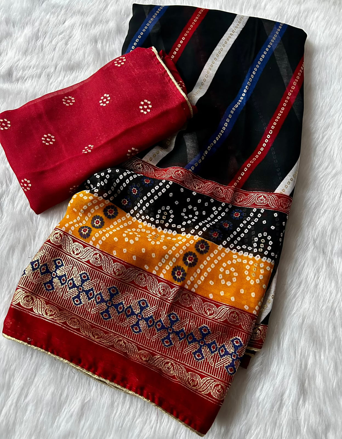 Imaginative Festive Wear Soft Dola Silk Lehriya Design Saree With Contrast Blouse Piece