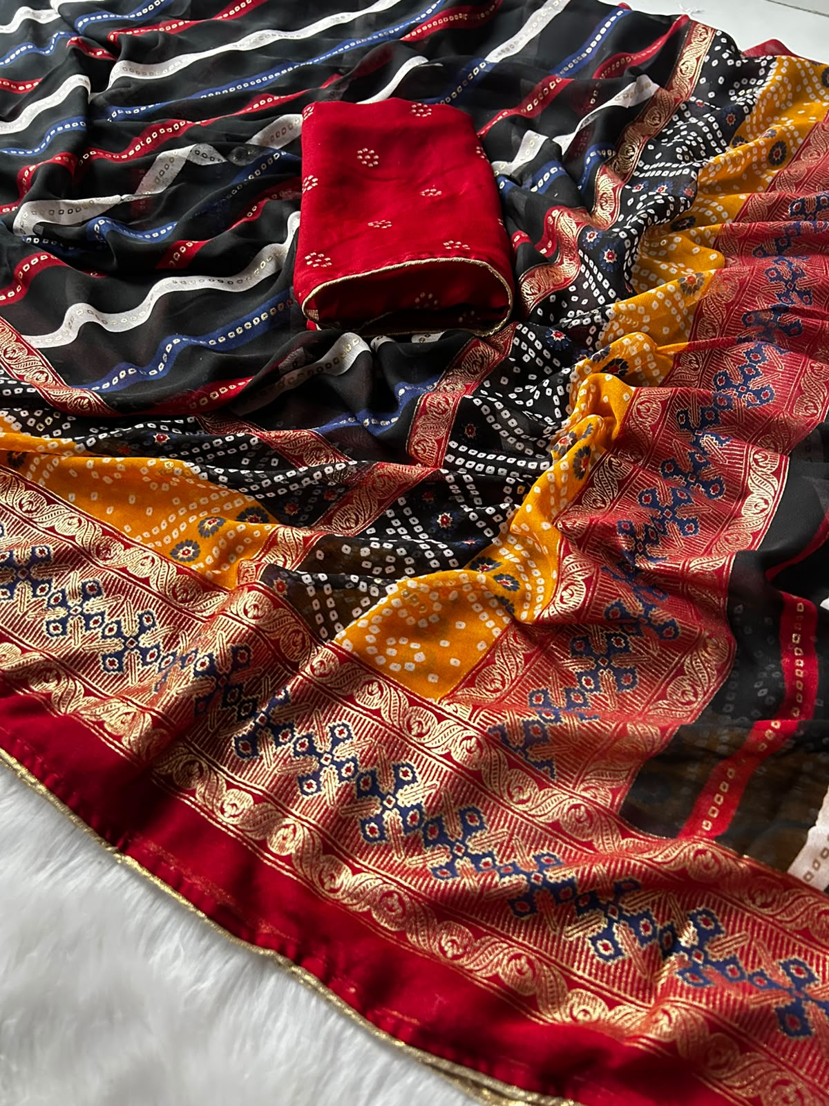 Imaginative Festive Wear Soft Dola Silk Lehriya Design Saree With Contrast Blouse Piece