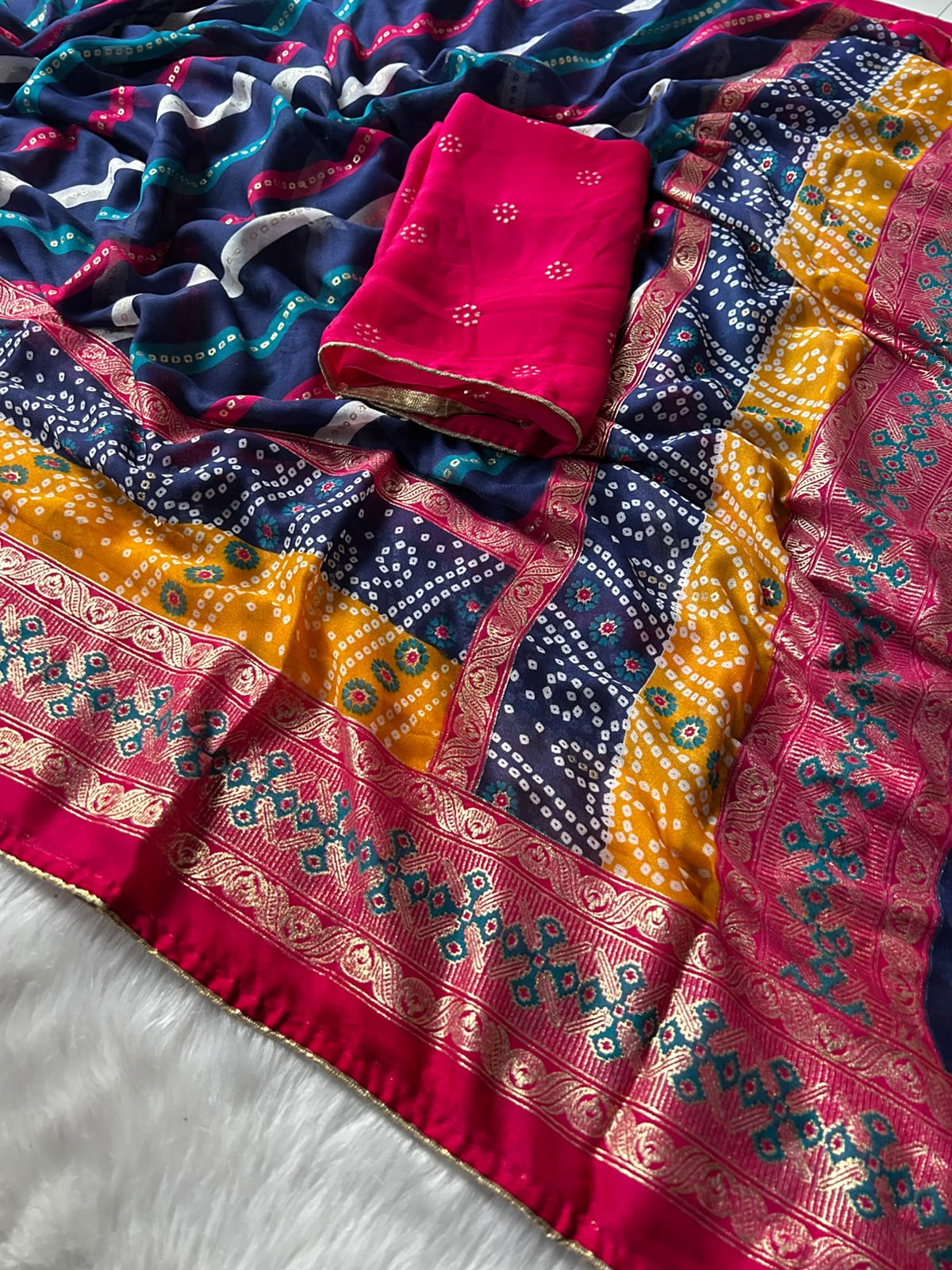 Imaginative Festive Wear Soft Dola Silk Lehriya Design Saree With Contrast Blouse Piece