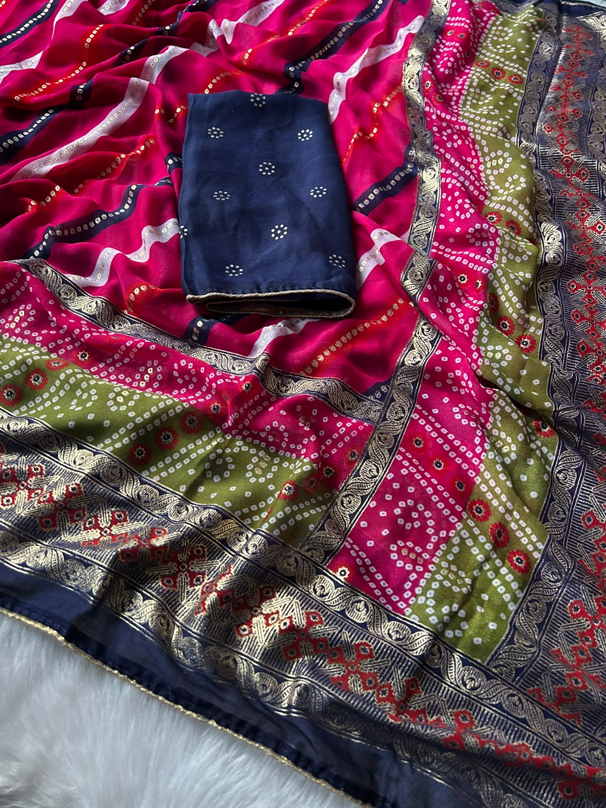 Imaginative Festive Wear Soft Dola Silk Lehriya Design Saree With Contrast Blouse Piece