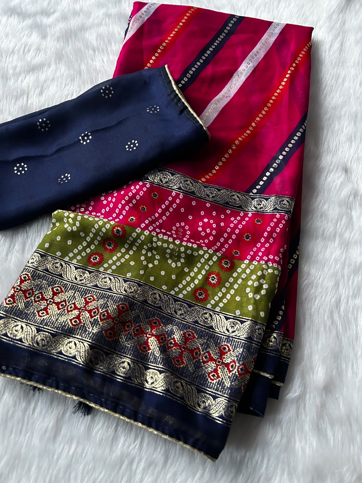 Imaginative Festive Wear Soft Dola Silk Lehriya Design Saree With Contrast Blouse Piece