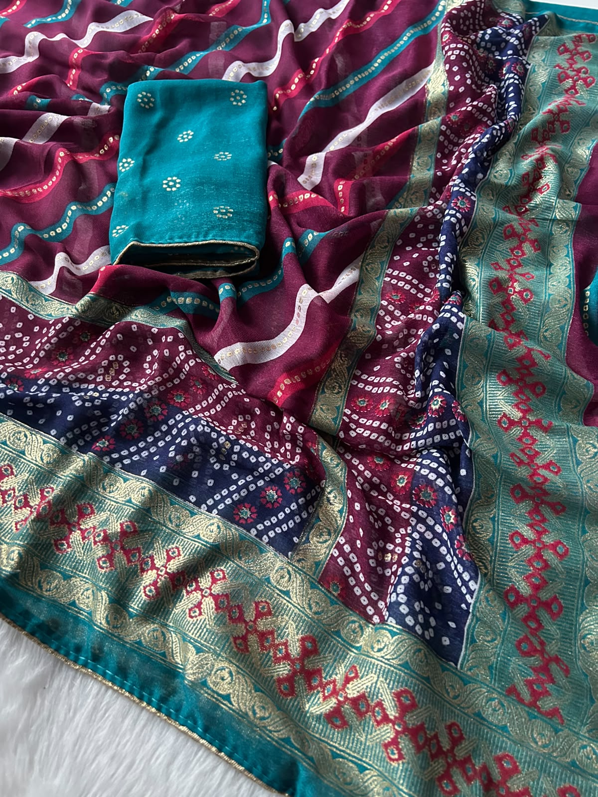 Imaginative Festive Wear Soft Dola Silk Lehriya Design Saree With Contrast Blouse Piece