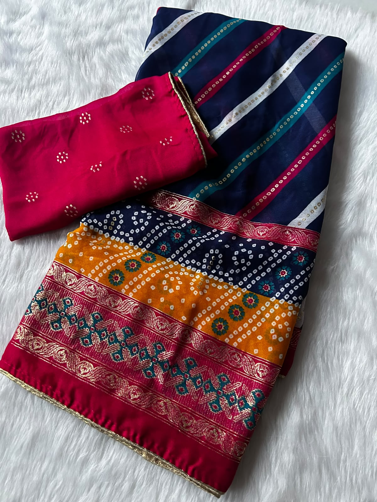 Imaginative Festive Wear Soft Dola Silk Lehriya Design Saree With Contrast Blouse Piece