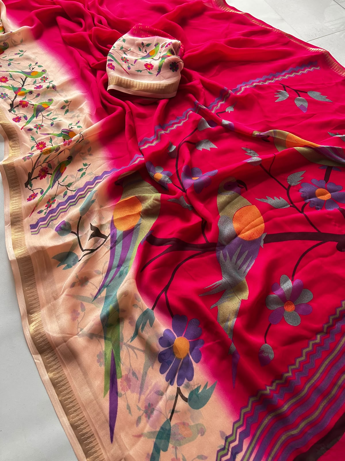 Dazzling Party Wear Georgette Kalamkari Print Fancy Saree With Matching Blouse Piece