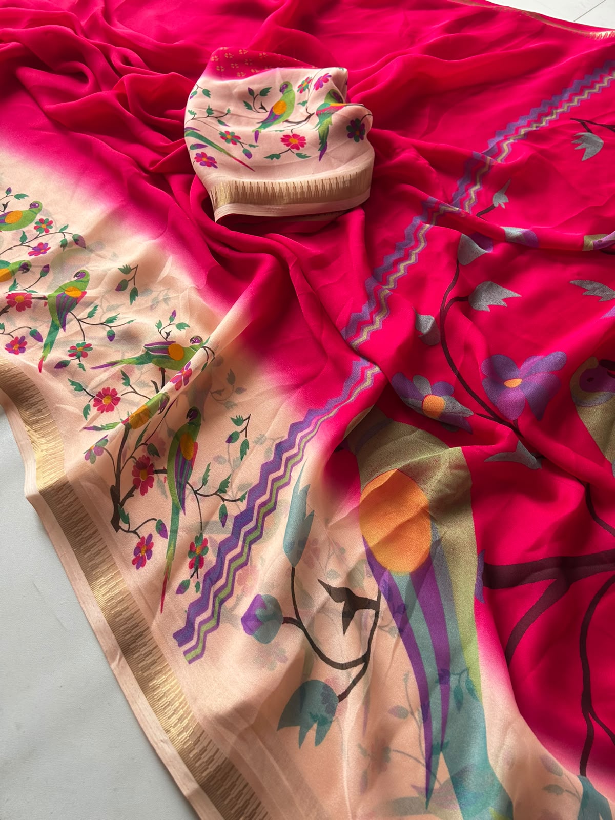 Dazzling Party Wear Georgette Kalamkari Print Fancy Saree With Matching Blouse Piece