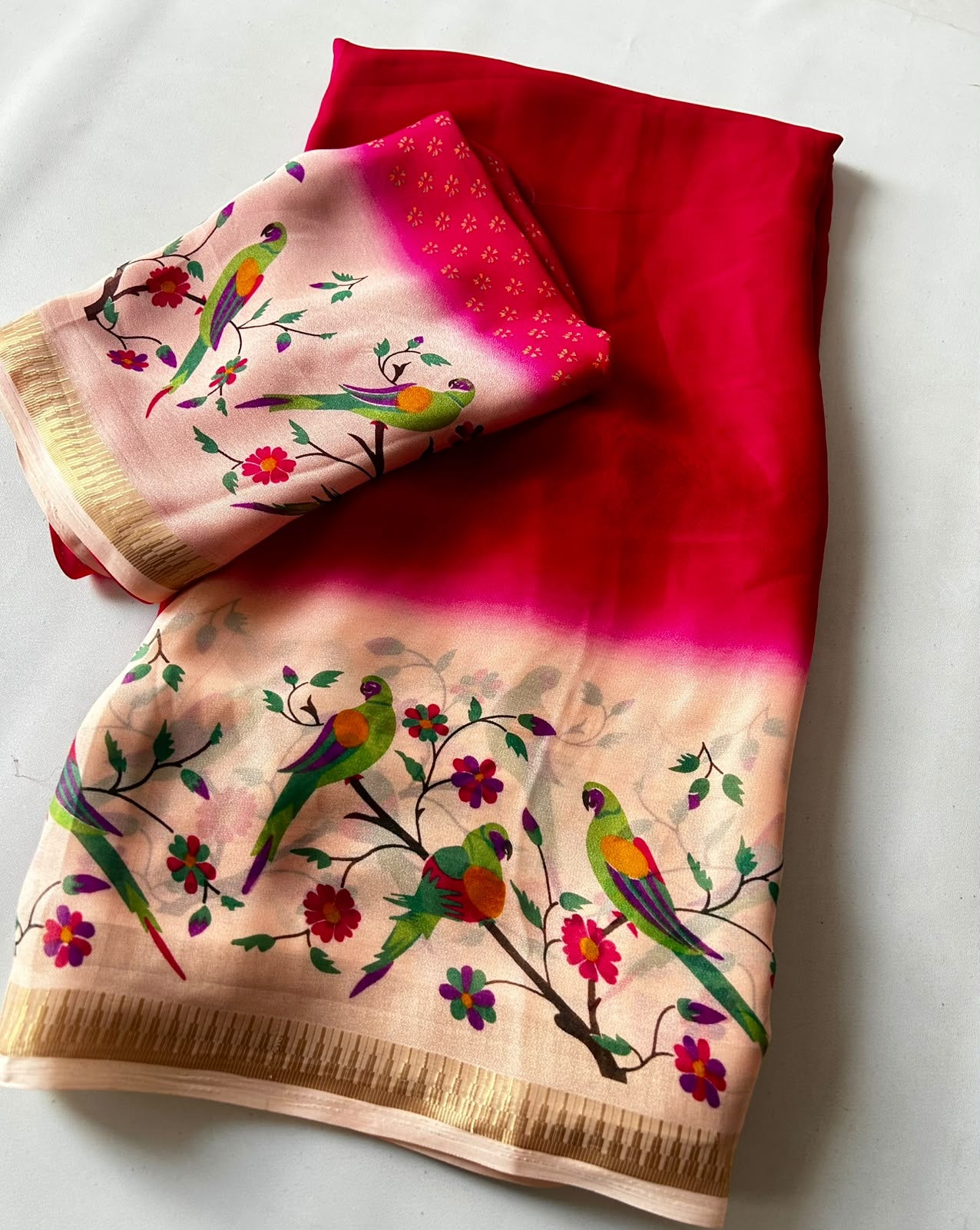 Dazzling Party Wear Georgette Kalamkari Print Fancy Saree With Matching Blouse Piece