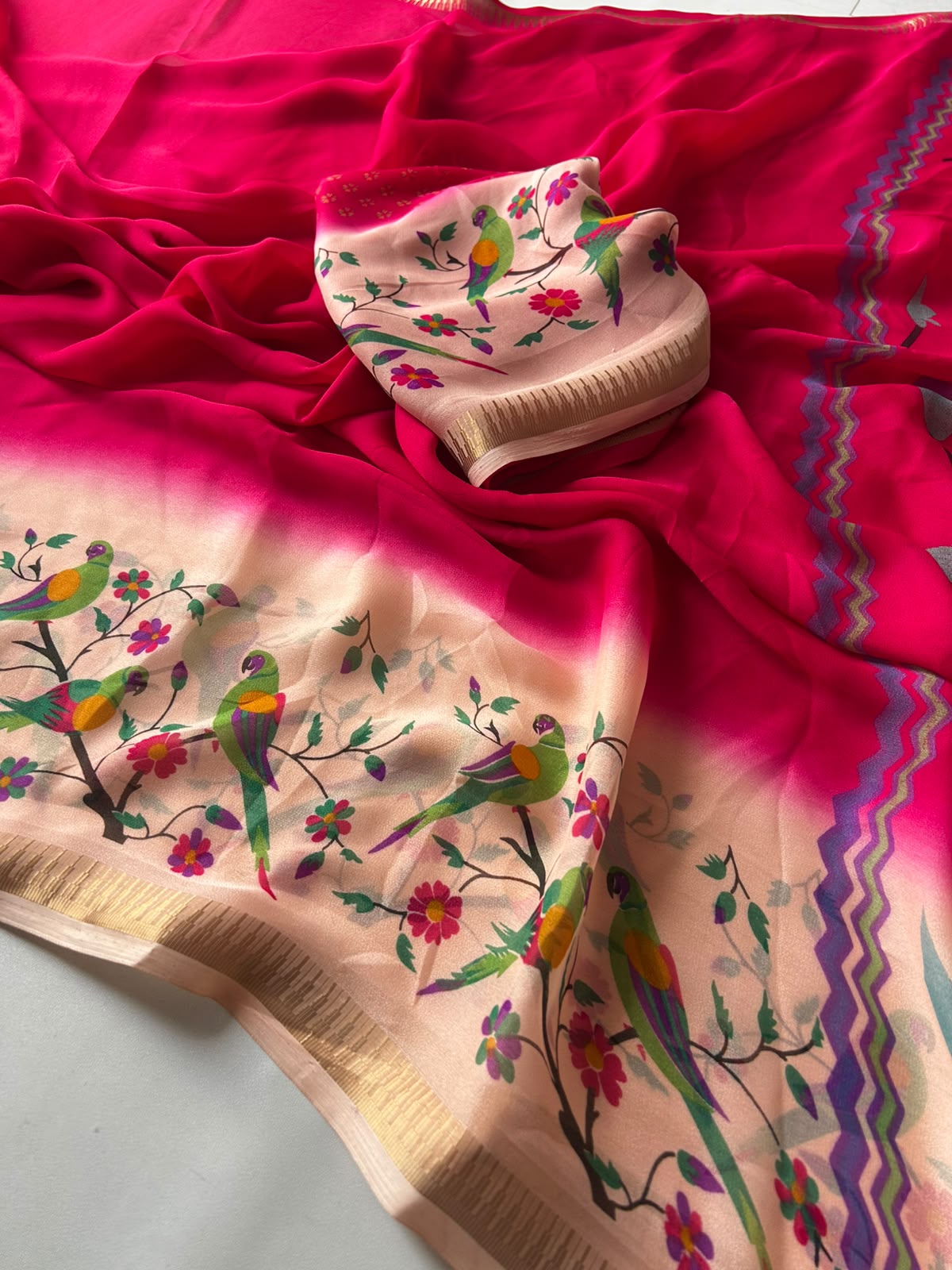 Dazzling Party Wear Georgette Kalamkari Print Fancy Saree With Matching Blouse Piece
