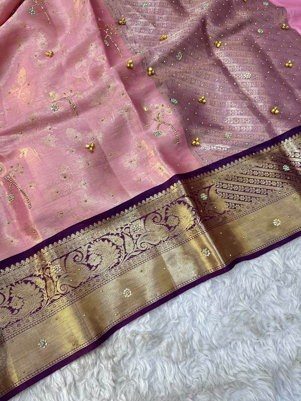 Charismatic Function Wear Banarasi Tissue Silk Handstone Work Stunning Pallu n Jacquard Border Saree For Wedding