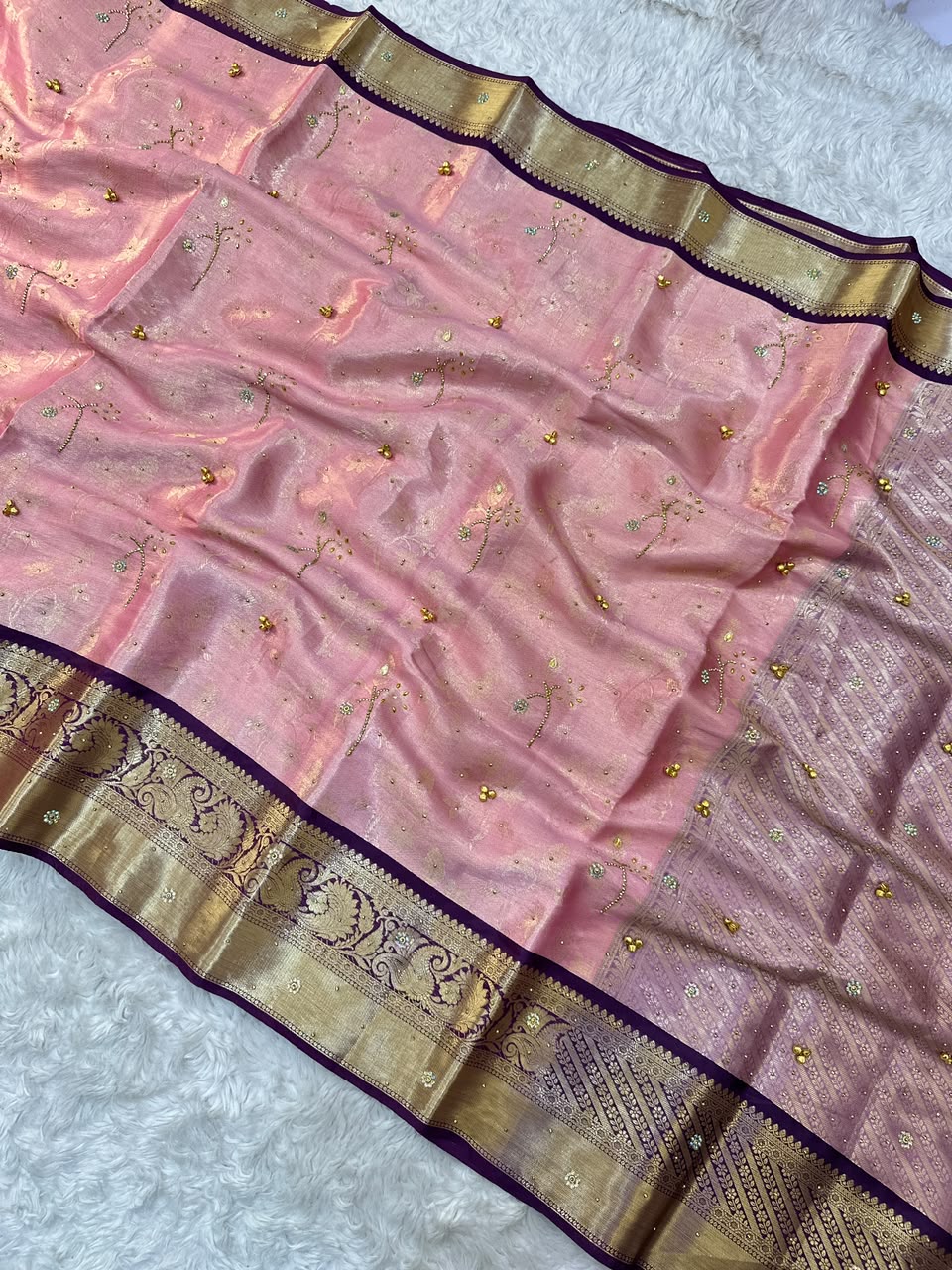 Charismatic Function Wear Banarasi Tissue Silk Handstone Work Stunning Pallu n Jacquard Border Saree For Wedding