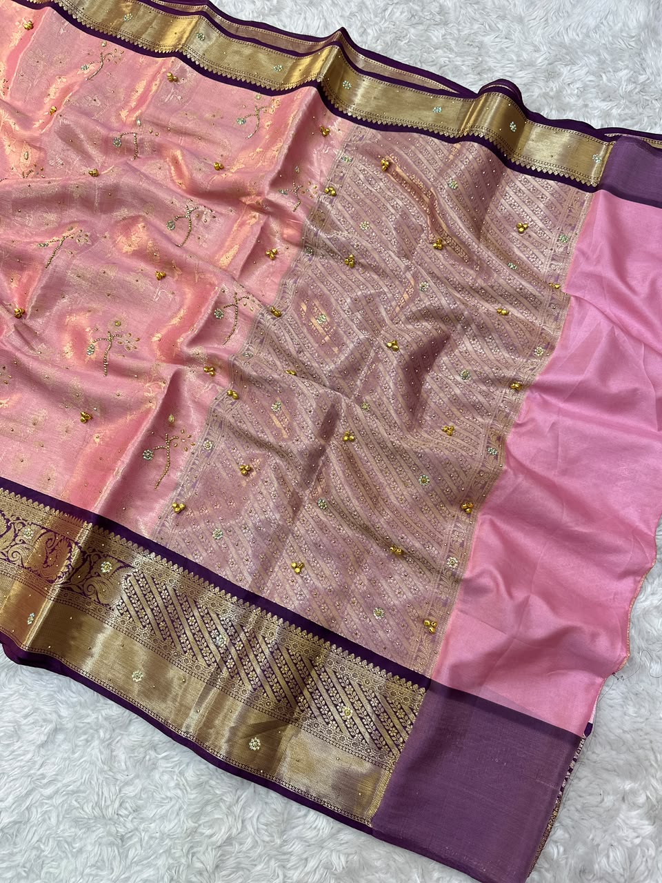 Charismatic Function Wear Banarasi Tissue Silk Handstone Work Stunning Pallu n Jacquard Border Saree For Wedding