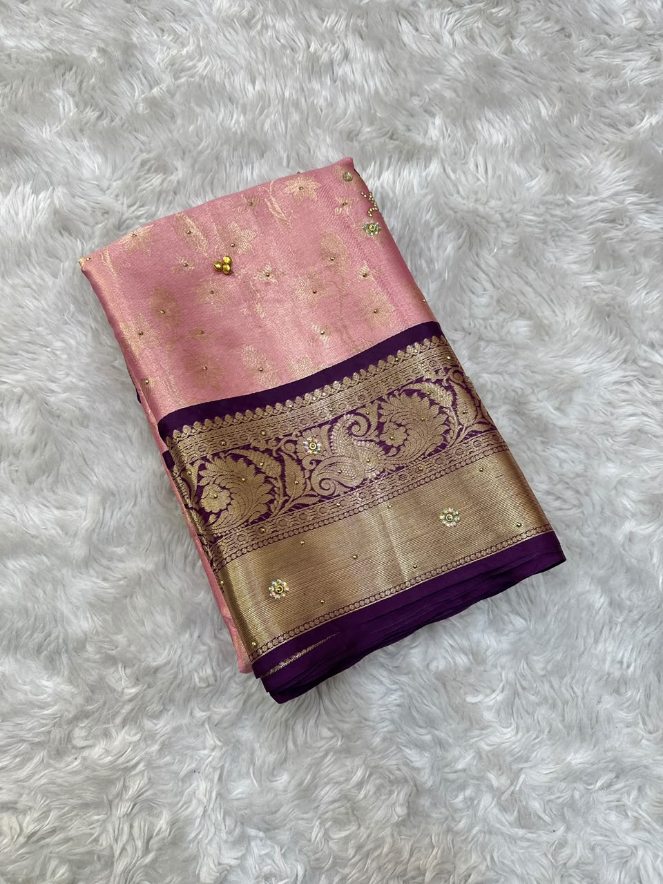 Charismatic Function Wear Banarasi Tissue Silk Handstone Work Stunning Pallu n Jacquard Border Saree For Wedding