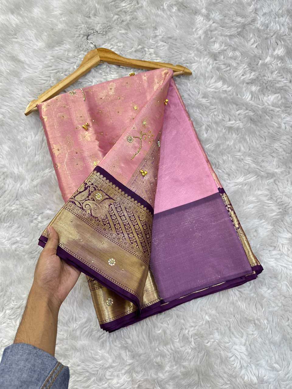 Charismatic Function Wear Banarasi Tissue Silk Handstone Work Stunning Pallu n Jacquard Border Saree For Wedding