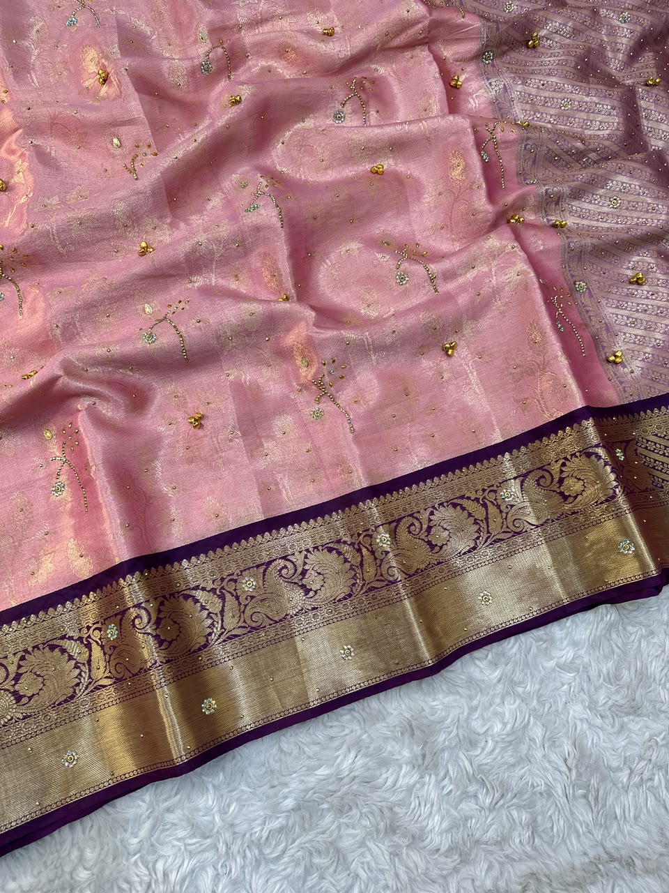 Charismatic Function Wear Banarasi Tissue Silk Handstone Work Stunning Pallu n Jacquard Border Saree For Wedding