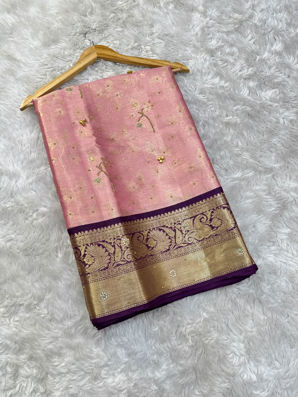 Charismatic Function Wear Banarasi Tissue Silk Handstone Work Stunning Pallu n Jacquard Border Saree For Wedding