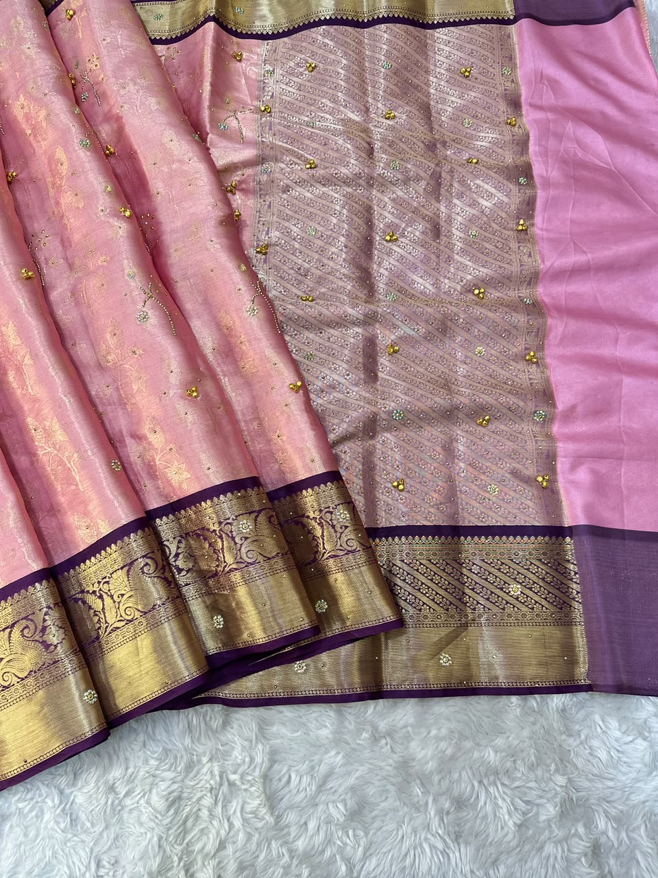 Charismatic Function Wear Banarasi Tissue Silk Handstone Work Stunning Pallu n Jacquard Border Saree For Wedding