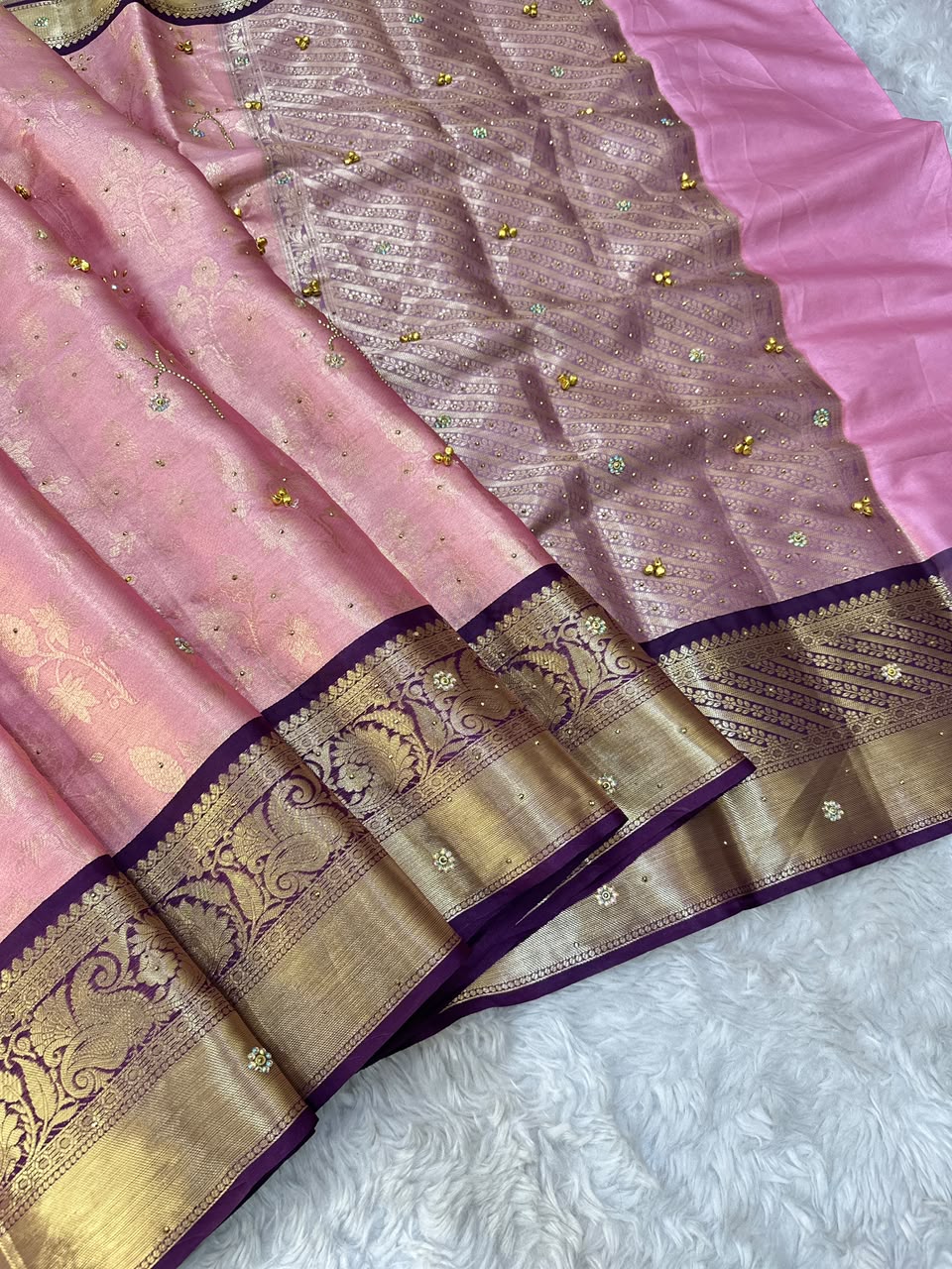 Charismatic Function Wear Banarasi Tissue Silk Handstone Work Stunning Pallu n Jacquard Border Saree For Wedding