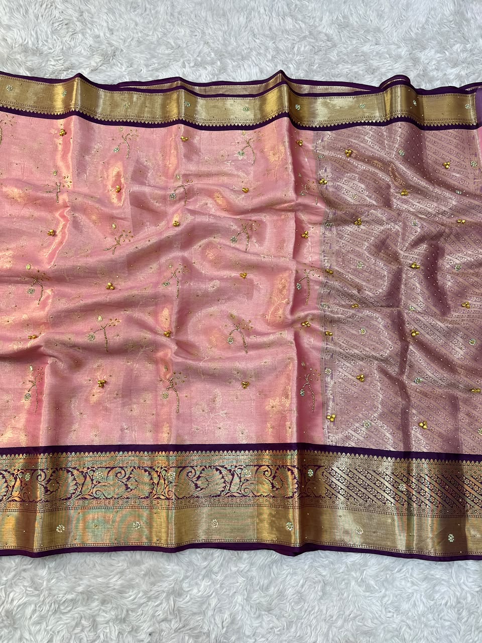 Charismatic Function Wear Banarasi Tissue Silk Handstone Work Stunning Pallu n Jacquard Border Saree For Wedding