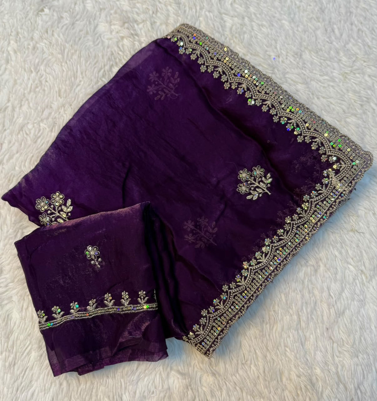 Blossom Wedding Wear Silk Embroidery Sequence n Thread Work Fancy Saree With Blouse Piece